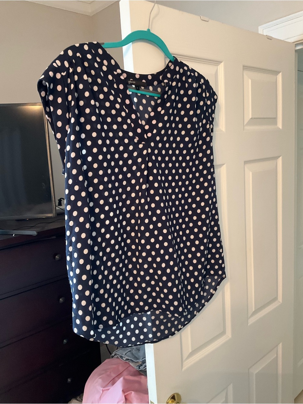 Gibson Navy Polka Dot Cap-Sleeve Blouse